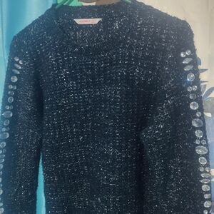 Navy Knit Sparkly Sweater With Embellished Sleeves